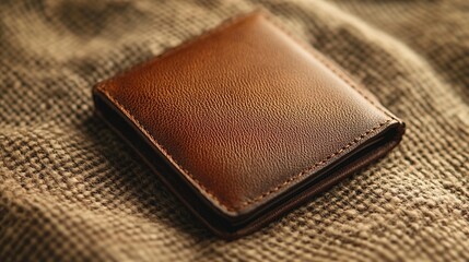 Close-up of a brown leather wallet on a textured fabric background.