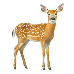 Fototapeta premium Adorable young deer with white spots standing in profile on a plain white background, detailed realistic illustration of a fawn showcasing natural features and delicate fur