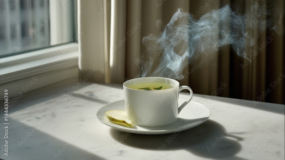 Poster a calming view of a steaming chamomile tea cup sits gracefully on a polished white marble surface, a