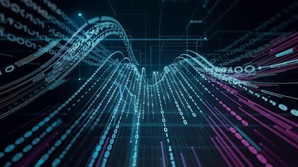 An abstract digital data flow featuring binary code, symbolizing technology, information processing, and the digital world. Ideal for tech, cybersecurity, and data science themes.