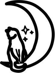 Line art of a cat sitting on crescent moon with stars and ball.