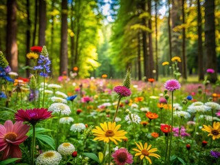Lush Forest Wallpaper with Blooming Flowers, Spring Floral Background, Nature Scene, Wildflower Meadow, Botanical Print, Desktop Wallpaper, Phone Background,  High-Resolution Image