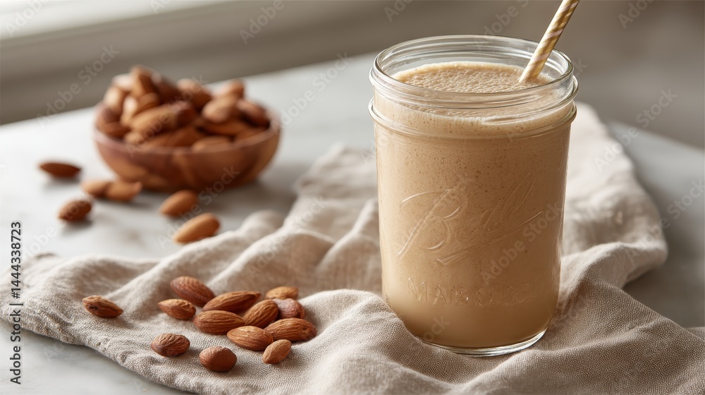 Poster creamy almond smoothie sits in a mason jar on a linen cloth, surrounded by scattered nuts, creating 