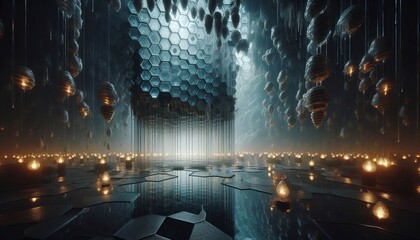 Glass Hive Cavern Honeycomb‑patterned glass walls dripping wit