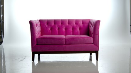 Fototapeta premium Pink velvet loveseat features tufted detailing and slim wooden legs, positioned against a bright white backdrop, ideal for stylish interior decor display