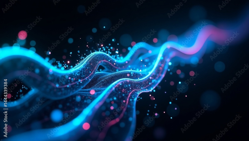 Wall mural abstract digital art of luminous flowing lines with particles and a dark background