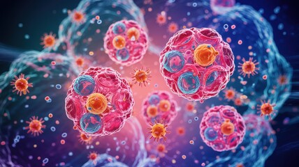 Microscopic view of cells and viruses