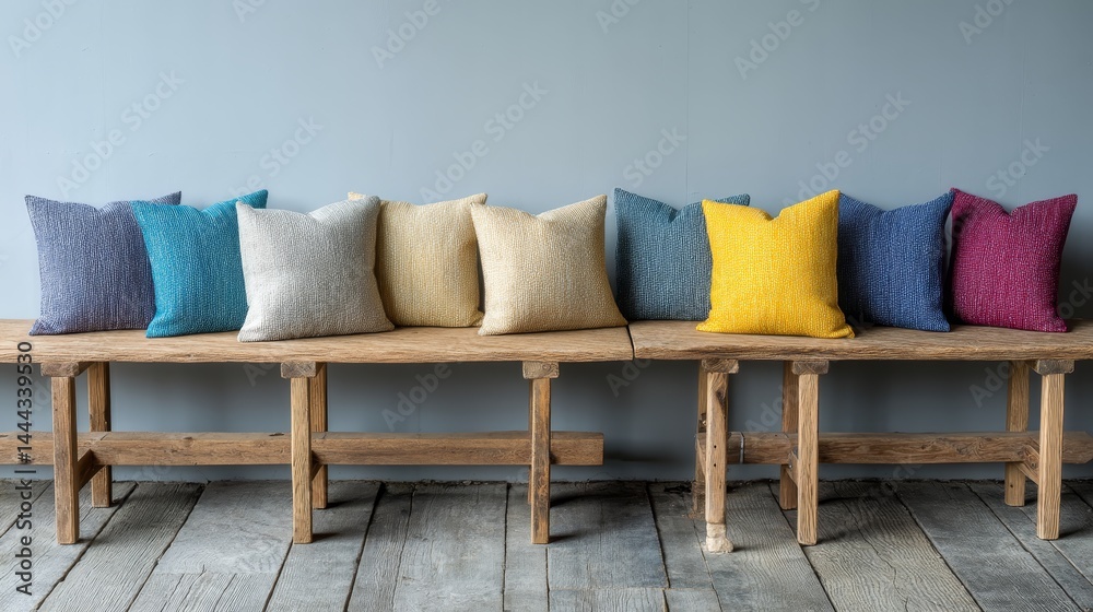 Poster soft fabric cushions in various muted tones are artfully arranged on a rustic wooden bench, creating