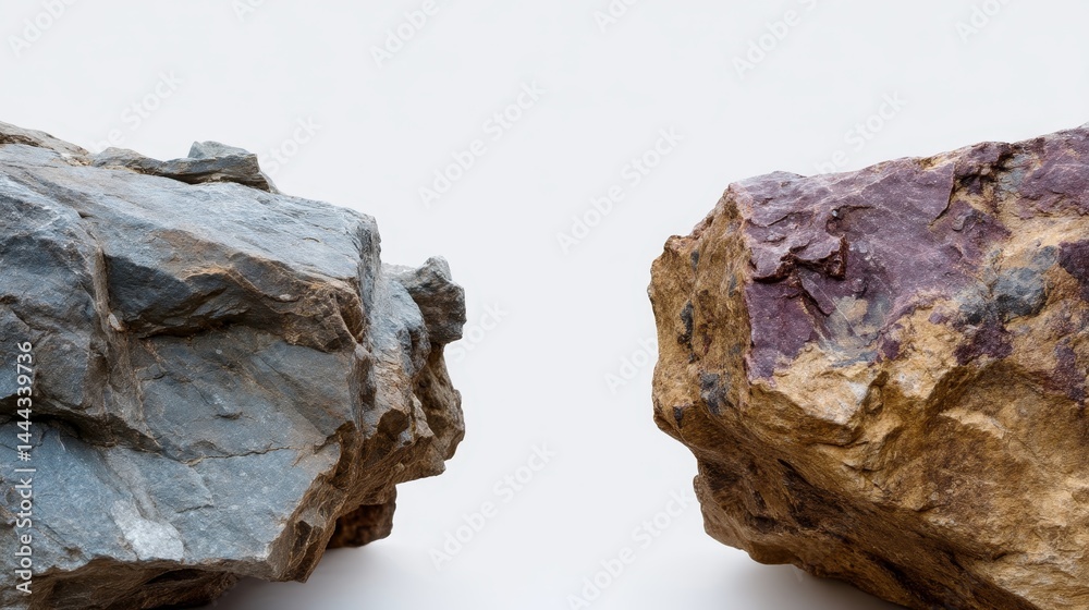 Poster Two rugged granite rocks with distinctive rough textures and multicolored patterns stand isolated against a pure white background, providing ample copy space
