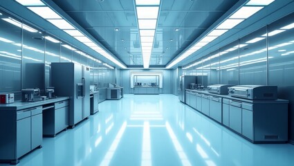 An immaculate, clinical setting with advanced research instruments and minimalist design