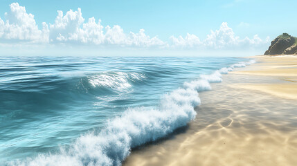 Serene Ocean Beach View Soft Waves, Golden Sand, and Fluffy Clouds Against a Clear Blue Sky