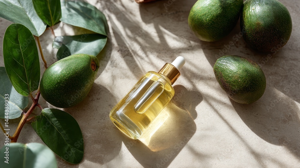 Poster fresh ripe avocados and a glass bottle of avocado oil are arranged on a surface, illuminated by natu