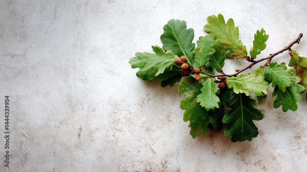 Aufkleber a delicate oak branch with fresh green leaves rests on textured cream paper, showcasing rustic natur