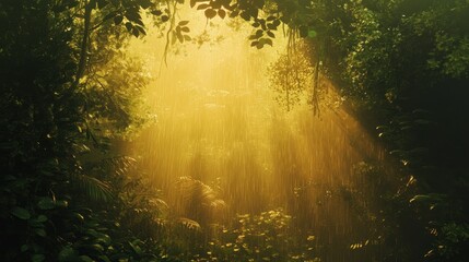 The forest is a golden light filtering through the mist. background wallpaper AI generated image