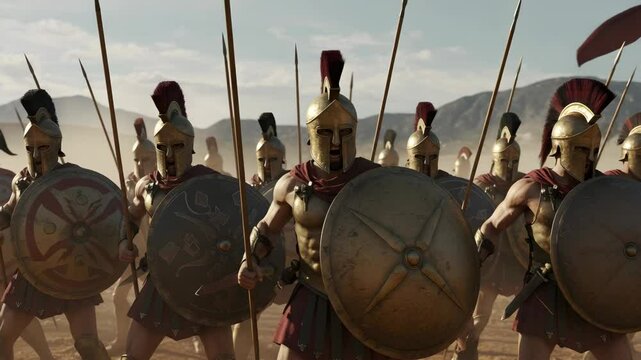 Spartan soldiers preparing for battle with shields and spears