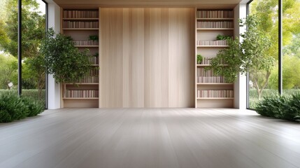 Fototapeta premium Modern minimalist reading nook with natural light and greenery