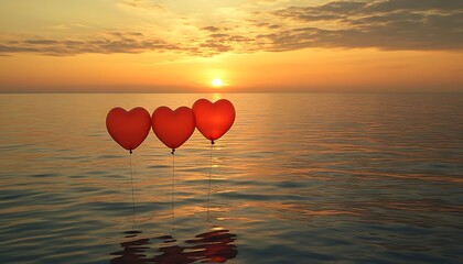 Three heart-shaped balloons float gently on calm ocean waters during sunset