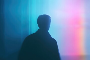 shadowy figure stands before vibrant neon background exuding air of mystery and intrigue