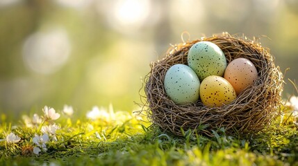 Obraz premium Colorful Easter eggs nestled in a bird's nest on a bed of spring grass