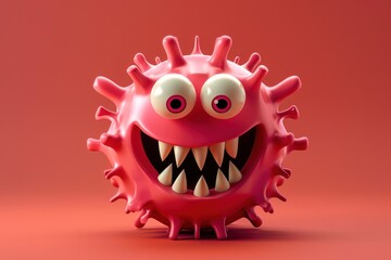  cheerful cartoon virus with a big smile and sharp teeth, playfully rendered in 3D, against a vibrant red backdrop.