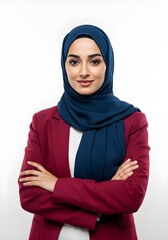 Naklejka premium Confident Muslim businesswoman wearing hijab and suit, smiling with arms crossed, isolated on white background. Ideal for diversity, professionalism, and empowerment themes.