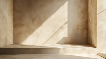 Warm-toned empty interior with light shadows creating serene atmosphere