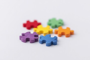 Obraz premium simple arrangement of colored puzzle pieces on plain white background symbolizes autism pride plenty of copy space