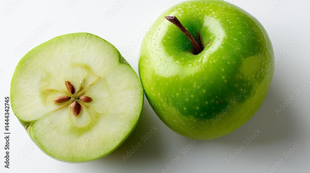 Poster close-up view of a sliced green apple highlights its crisp texture and fresh appearance against a cl