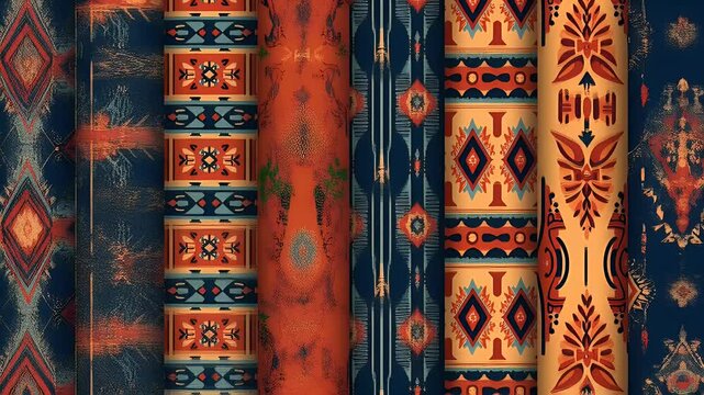 Collection of Eight Seamless Background Patterns Inspired by Ancient Tribal Art from a Mesoamerican Civilization, Featuring Abstract Designs