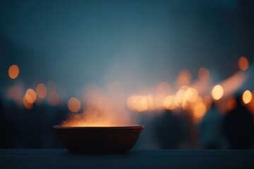 capture atmospheric image of eid al-adha focusing on symbolic elements in foreground with blurred people in background