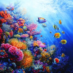 Naklejka premium Vibrant coral reef fish underwater ocean scene, nature background, aquarium poster