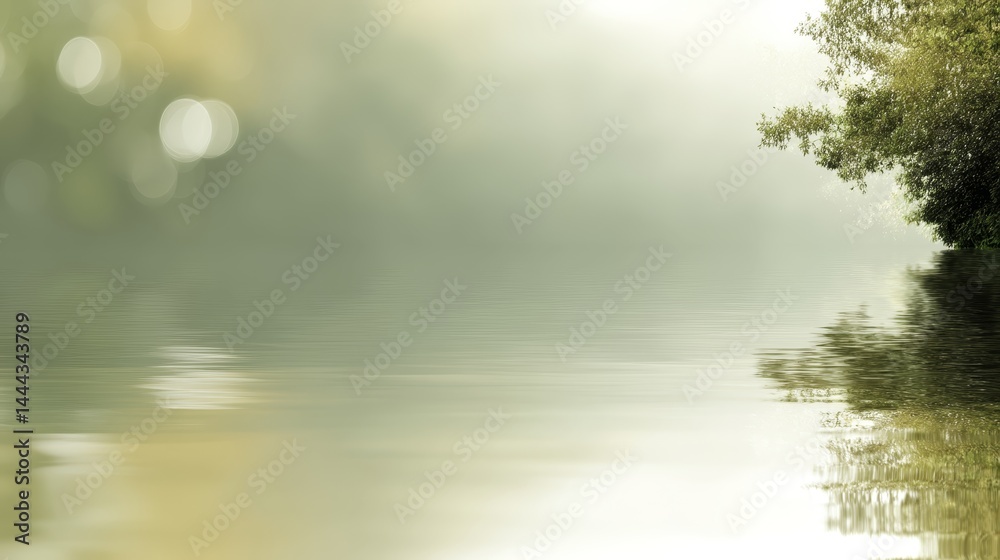 Poster Abstract background features shimmering bokeh lights and forest reflections on calm water. Muted sepia tones create a vintage, artistic effect with copy space