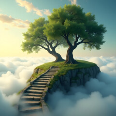 A tranquil stone path winds along a mossy cliff, leading to two graceful trees above the clouds.