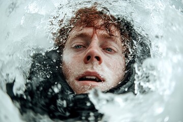 Dramatic night fear. Eerie dreamscape. Metaphorical falling through ice physical senses, of fear and despair. Falling through ice - nightmares, bad dreams: abstract image of mental state.