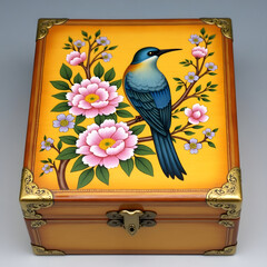 An intricately painted wooden box featuring a vibrant blue bird perched on a blossoming branch with pink flowers. The box is accented with ornate golden metal corners and a decorative clasp, blending 