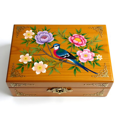 An intricately painted wooden box featuring a vibrant blue bird perched on a blossoming branch with pink flowers. The box is accented with ornate golden metal corners and a decorative clasp, blending 