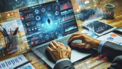Macro perspective of hands typing on a laptop with a colorful bu