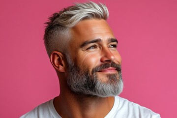 Obraz premium Trendy men's pompadour haircut - midlife white man with blond hair. A stylish haircut framing a fashionable manâ€™s face. Artwork of style for aging men. Pink solid background.