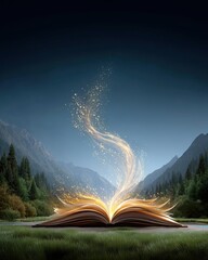 Open book transforming into flying ideas with text space, designed for creative messaging using Open book transforming into flying ideas illustrations that allow focus on Open book transforming 