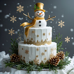 Elegant two-tiered winter cake adorned with gold accents and a charming snowman topper.