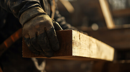 Close-up of a Hand in Glove Holding a Wooden Plank