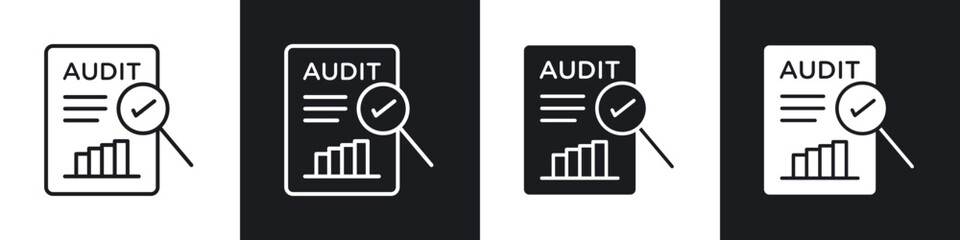 Audit report icon in thin line and Flat Design.