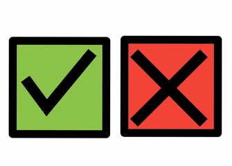 Green tick and a red cross, symbolizing agreement and disagreement, or marking a choice between two option 