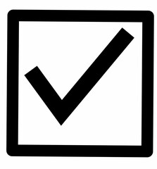 Black check mark is prominently displayed within a simple square outline 