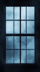 Square Window with Glass Panels and Cloudy Sky View in a Moody Dark Room