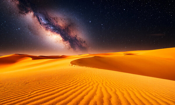 cosmic desert with shimmering sand dunes under a giant nebula sky Generative AI
