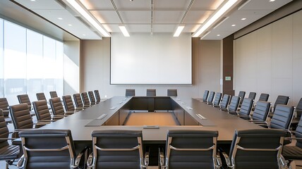 Empty conference room with a large presentation screen, modern furniture, and bright lighting. Ideal for themes of business, meetings, corporate training, and professional events.