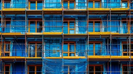 Apartment building under construction, scaffolding and blue protective sheeting covering windows and exterior walls.