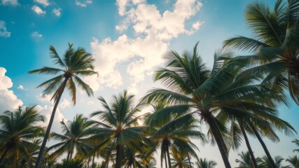 Lush green palm trees reach towards a vibrant blue sky filled with fluffy white clouds on a sunny day.