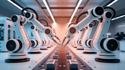Factory assembly line with robotic arms in action, showcasing modern automation, precision engineering, and advanced manufacturing. Ideal for industry, robotics, and technology themes.